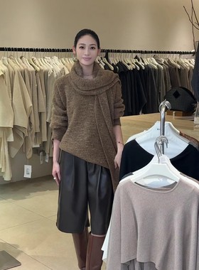 MOLS冬新气质V领飘带设计感羊毛针织衫慵懒风毛衣围巾两件套