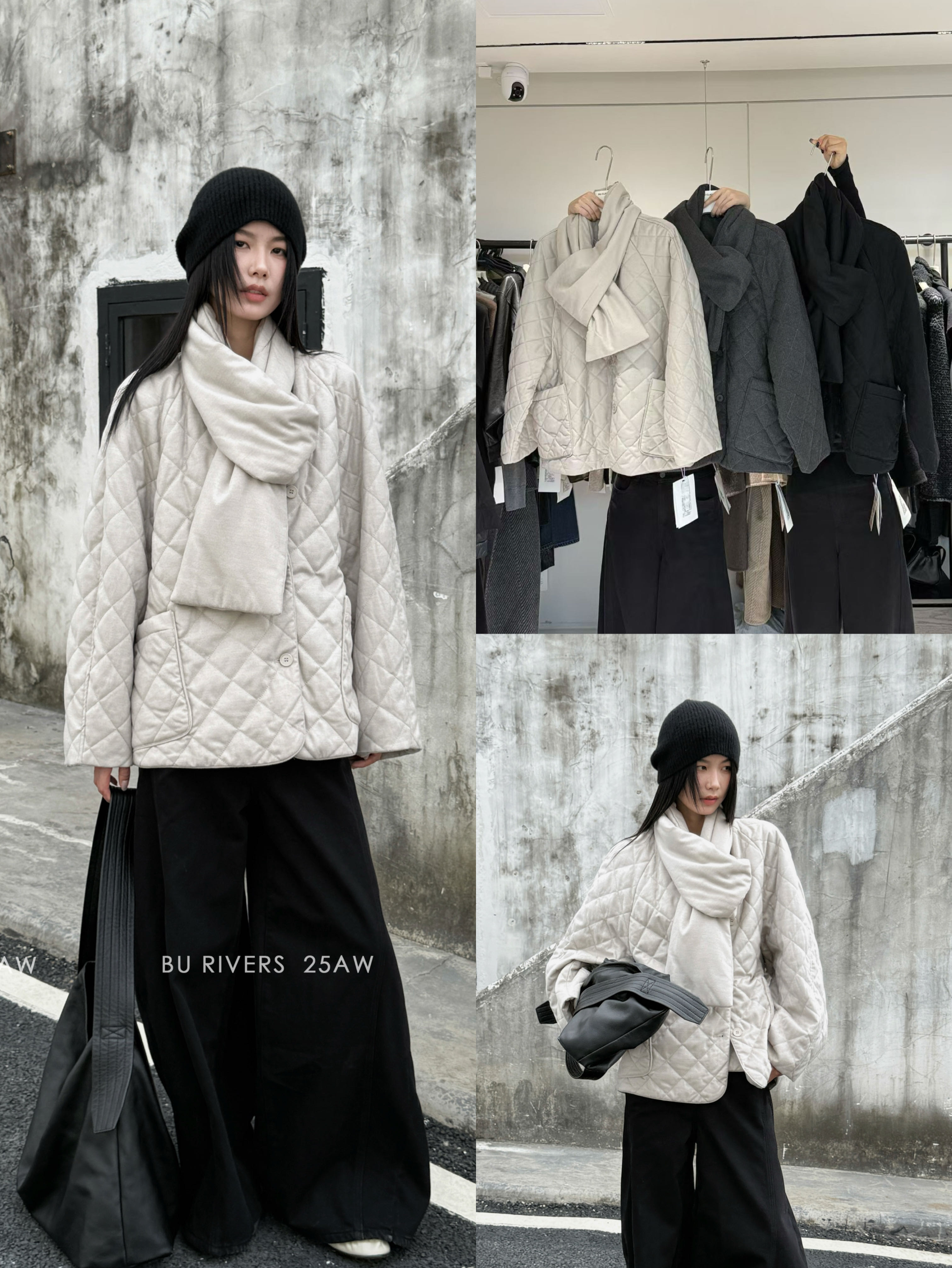 BU RIVERS2025秋冬新款轻薄蓬松保暖羊毛菱格棉服外套配围巾