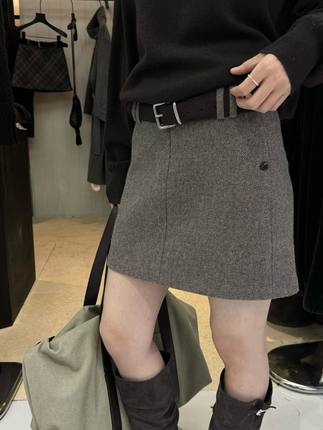 DVZ高品质羊毛西装短裙女2025秋冬新款高腰显瘦半身裙女配腰带