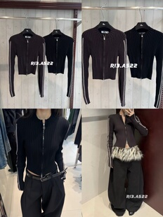 针织衫 R13秋冬季 通勤羊毛双向拉链显瘦连帽条纹长袖 爆款 新款