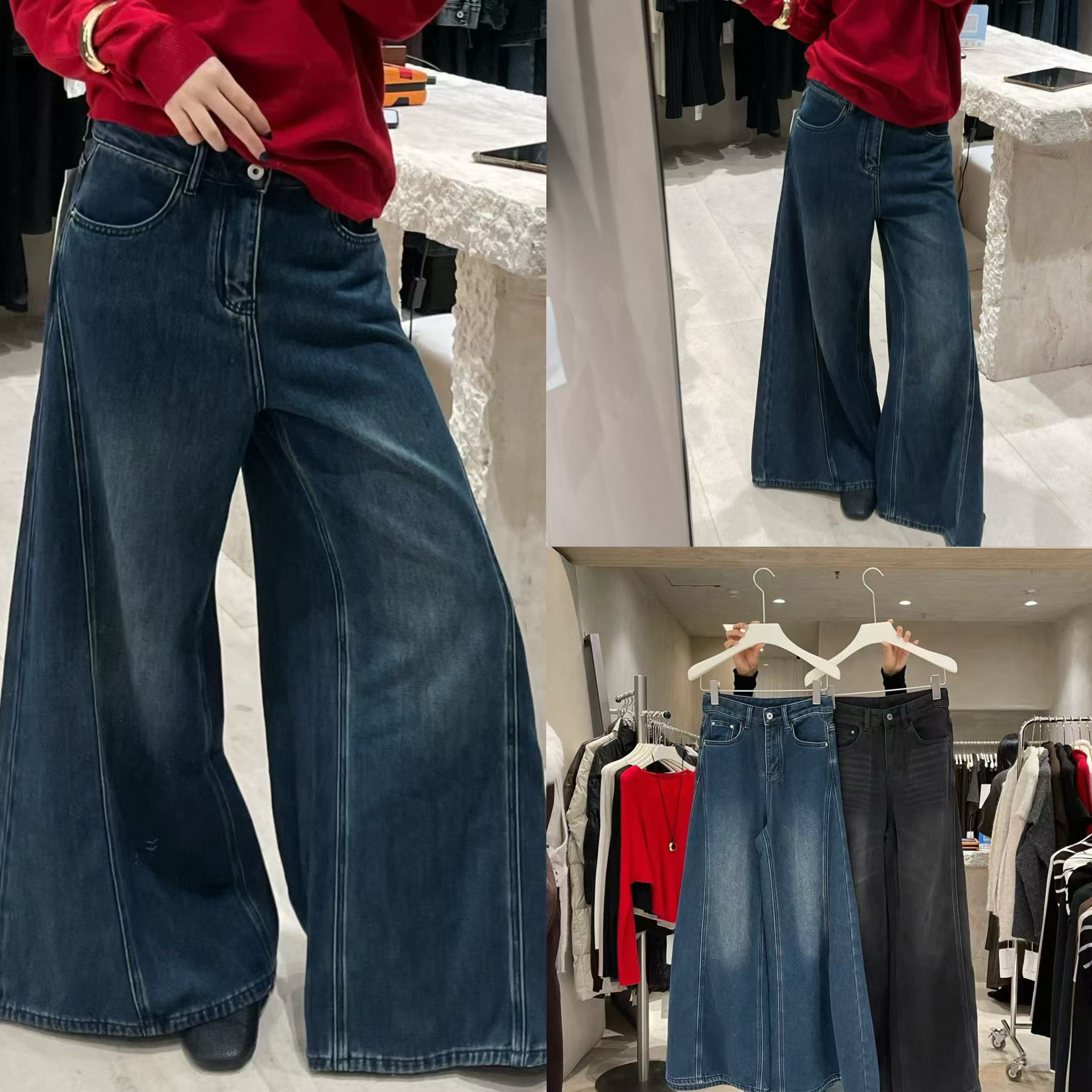 BU RIVERS2025秋冬新款高腰宽松设计感大阔腿牛仔裤加绒拖地长裤