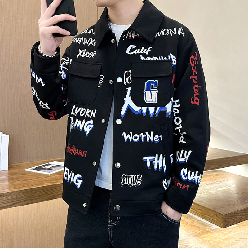 痞帅外套男士春秋季ins潮牌宽松印花工装夹克高级感休闲翻领上衣
