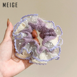 蕾丝花边紫色毛线发圈女高级感洋气时尚 头绳扎头皮筋丸子头头花韩