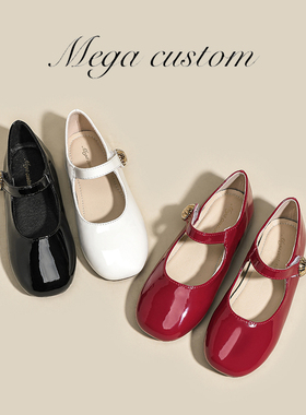 女童红色皮鞋新款太阳扣魔术贴公主鞋黑色方头亲子鞋儿童单鞋白色