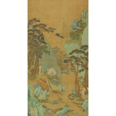 高清复刻清代李世倬仿赵伯驹听泉图国画工笔画青绿山水微喷装饰画