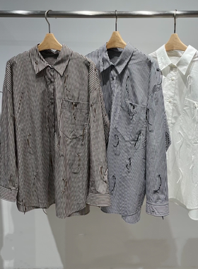 现货江南2025秋款女宽松休闲弯钩流苏条纹长袖衬衫上衣 5P8213990