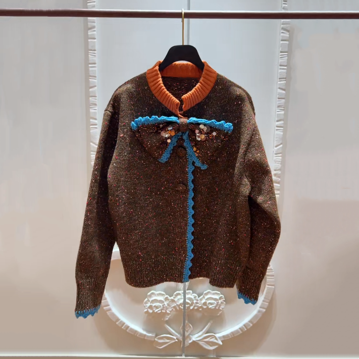 现货拉飞家2025秋款复古撞色廓形针织蝴蝶结开衫毛衣LF25Q51ZC119