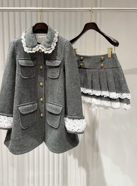 现货拉飞家2025秋款经典复古重工钉珠人字呢外套大衣LF25Q02SY204
