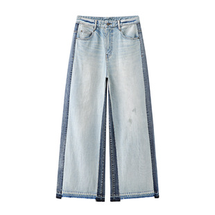 现货江南2026春季新款女装宽松撞色拼接高腰阔腿牛仔裤 5Q2E14960