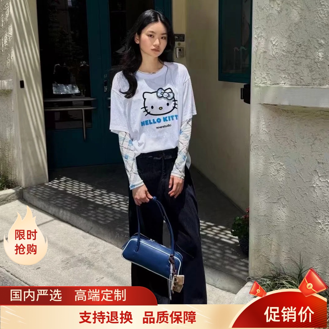 芮家2025秋款女装卡通猫咪字母印花T恤灰RL71001008白RL71001459