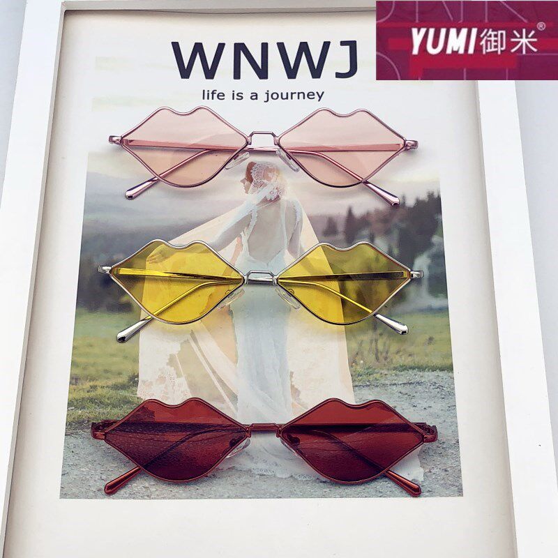 ins韩版网红墨镜女潮2018新款复古个性嘴唇圆脸超窄港风太阳眼镜