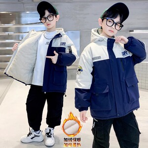 男童冬季棉服男童加绒加厚2024新款洋气儿童冲锋衣棉衣童装派克服