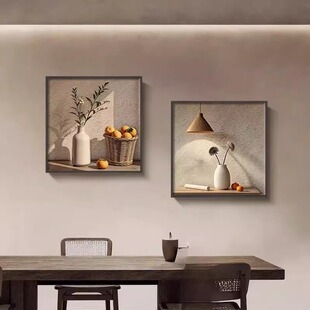 事事如意柿子画餐厅方形装饰画原木风花瓶艺术画餐桌挂画客厅壁画