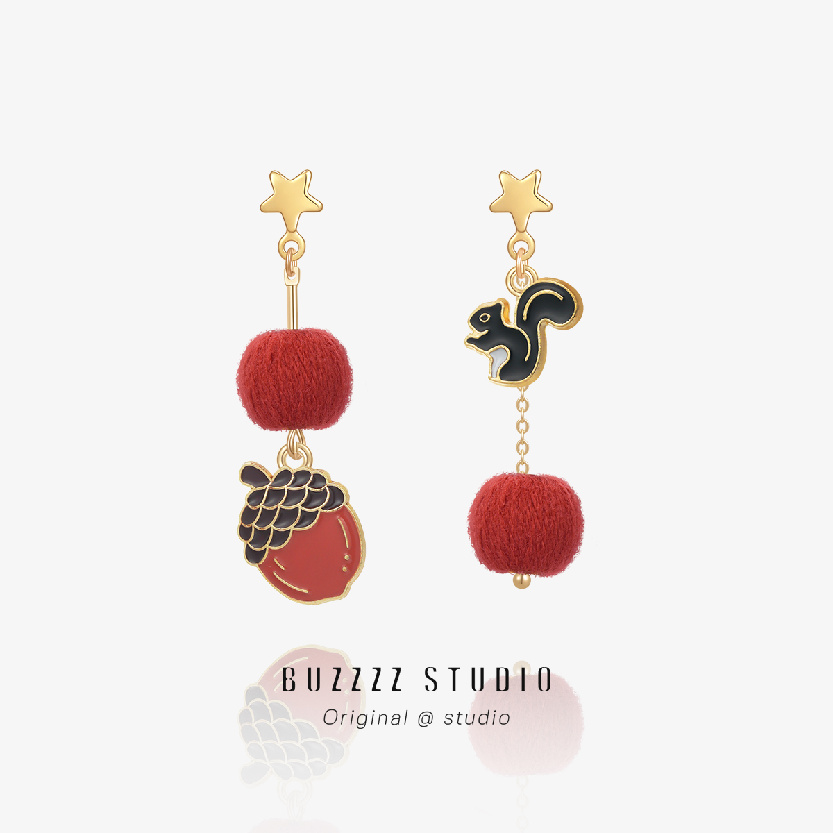 松果松鼠〃原创冬季毛线球耳环可爱不对称棕色长款耳钉无耳洞耳夹