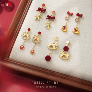 新年发财小马适合过年红色耳环马年本命年蝴蝶结耳钉耳夹耳饰女