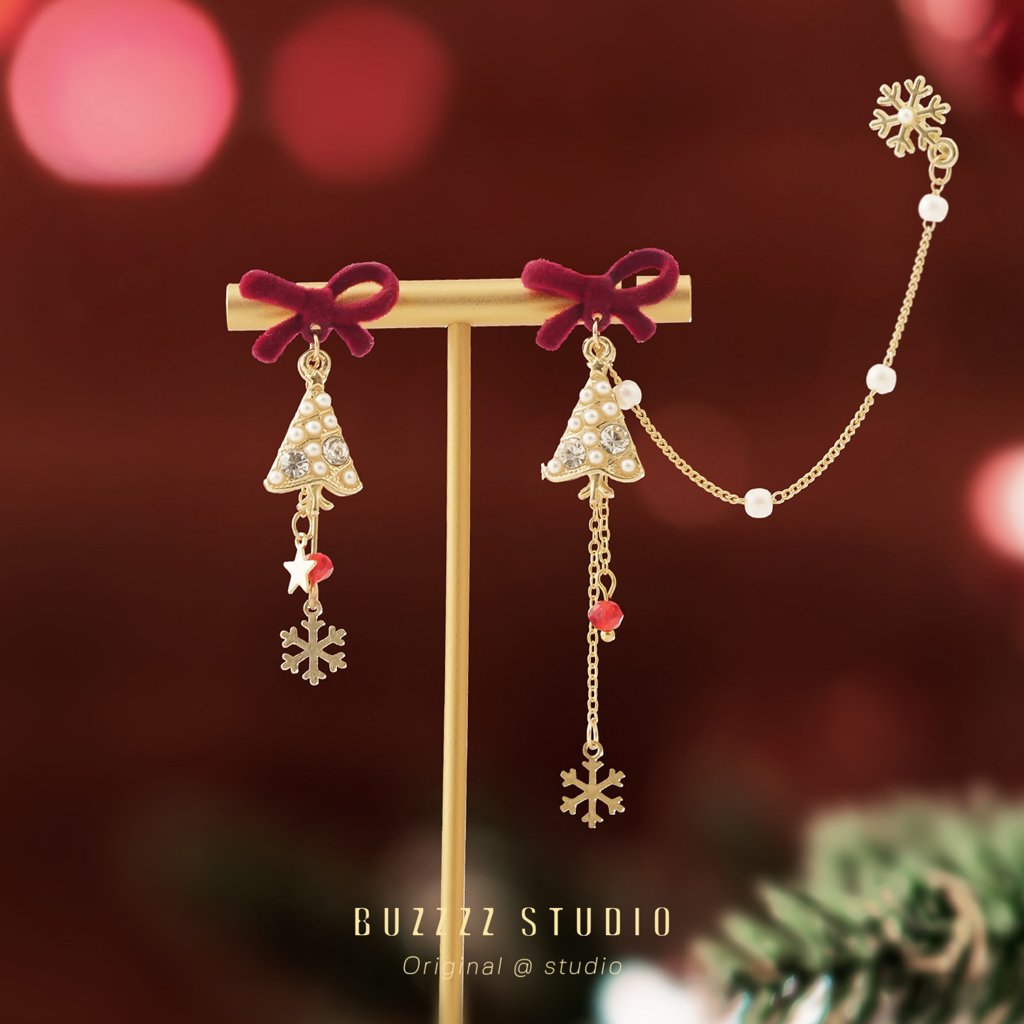 原创红色蝴蝶结雪花圣诞树耳骨夹女设计感甜美流苏耳环无耳洞耳饰