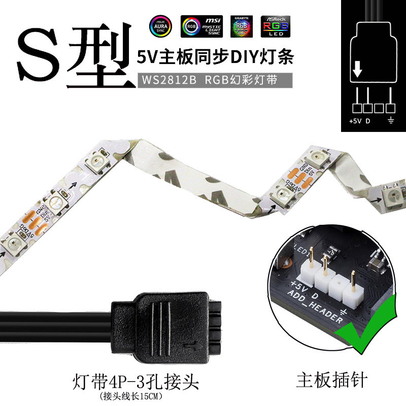 窄版S型2812机箱灯带5VRGB华硕微星AURA神光同步变色光污染灯条
