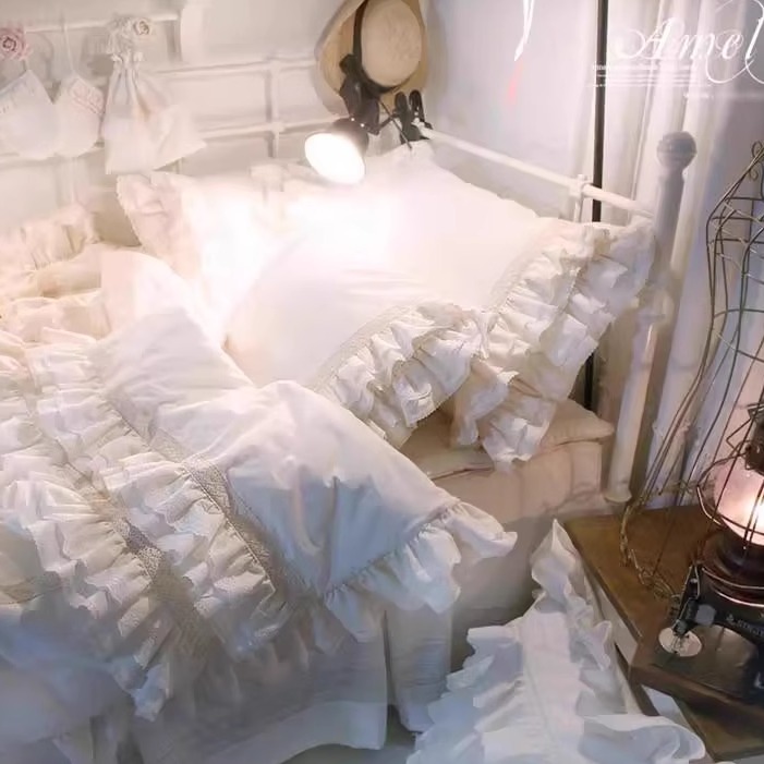 皱褶四件套纯棉浪漫蕾丝