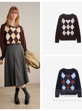 发货快直邮Mind Bridge女韩国代购25秋长袖V领菱格针织衫MZKT6205