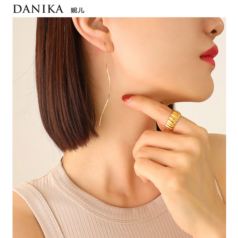 danika 2022网红爆款18k金波浪线条流苏耳环女耳线小众气质高级感