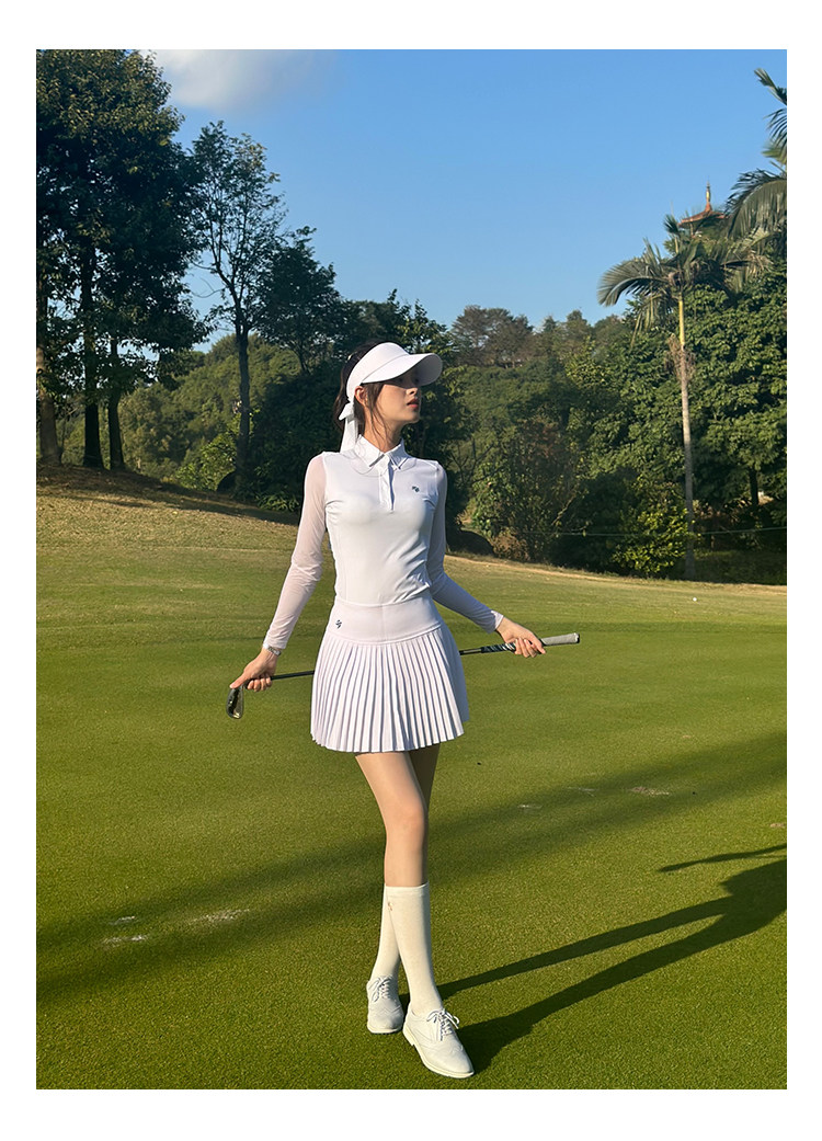 高尔夫新款女装防晒长袖女士冰袖golfT恤白色套装春夏防走光短裙