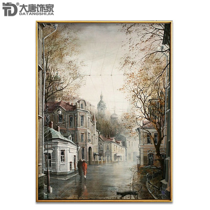 北欧客厅手绘装饰画 城市建筑风景油画手工欧洲建筑画玄关挂画N69