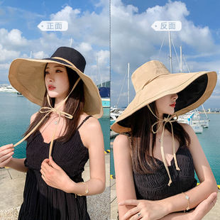 18CM超大帽檐遮脸双面渔夫帽女夏季韩版遮阳防晒防紫外线太阳帽子