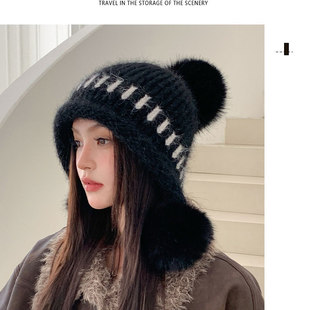 慵懒风加厚双层护耳防寒三毛球兔毛帽子女冬季加绒护脸针织毛线帽