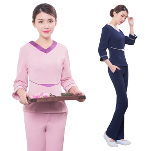 美容院工作服秋冬拼接粉色美容院美容师工作服套装SPA美体技师服