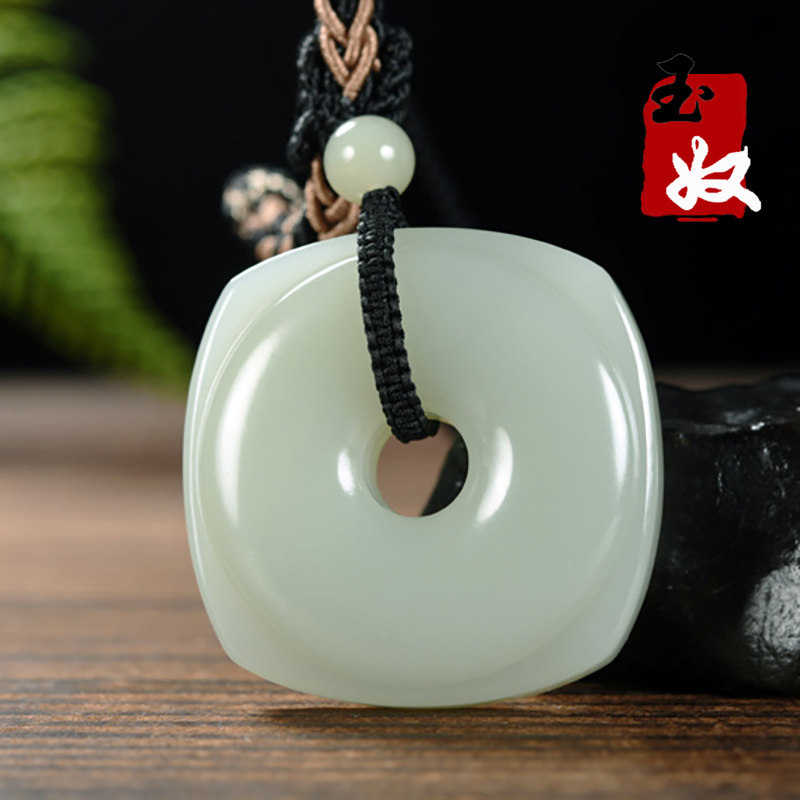 新疆且末县天然高青白果冻胶质感和田玉/藏式方形内圆平安扣/吊坠