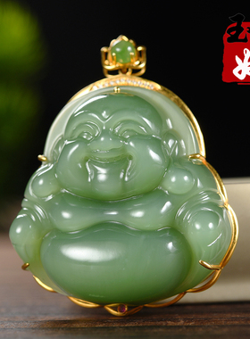 俄罗斯老坑料天然冰底粉绿碧玉/18k金带钻镶嵌/笑佛/吊坠/22.91克