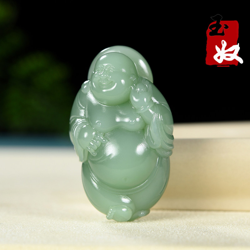 俄罗斯老坑料天然粉绿冰底起胶碧玉/站佛/弥勒佛/吊坠/32.48克