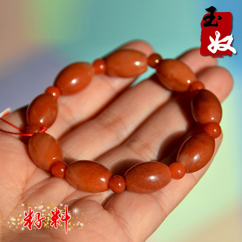新疆克拉玛依天然金丝玉/红色地表籽料彩玉细料/枣珠手串/28.48克