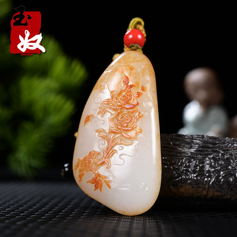 玉奴/新疆天然和田玉/羊脂白玉/洒金皮/喜上眉梢/花/吊坠/挂件