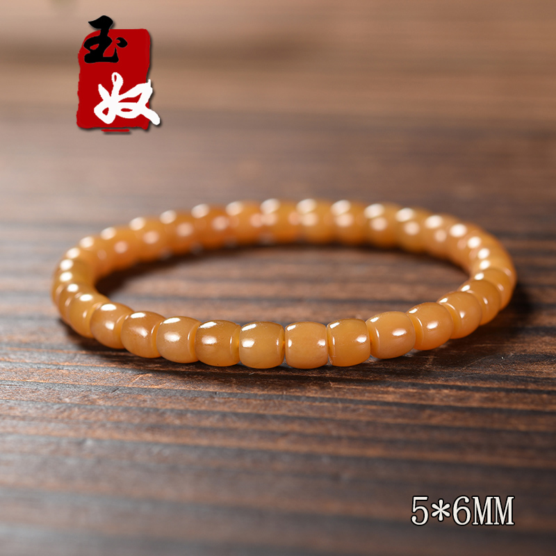 新疆且末县浅红糖色和田玉/糖玉/5*6mm苹果珠手镯链/手串/12.31克