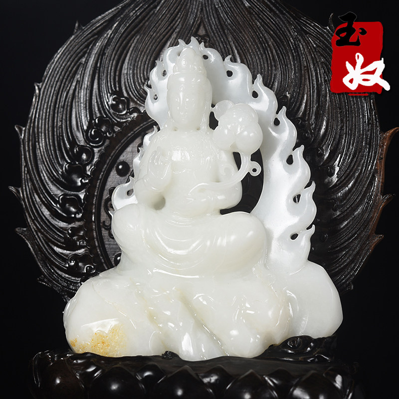 玉奴/孤品/新疆天然和田玉/洒金皮羊脂白玉/观音/摆件/411.74克