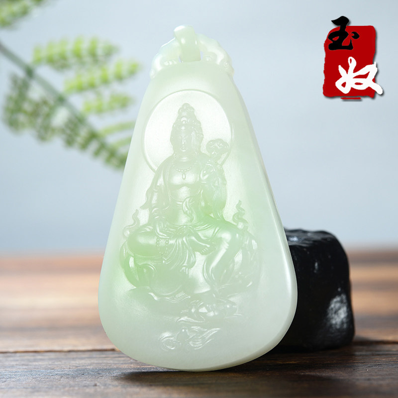 名家/俄罗斯天然和田玉/带翠羊脂白玉/莲花观音菩萨/挂件57.99克