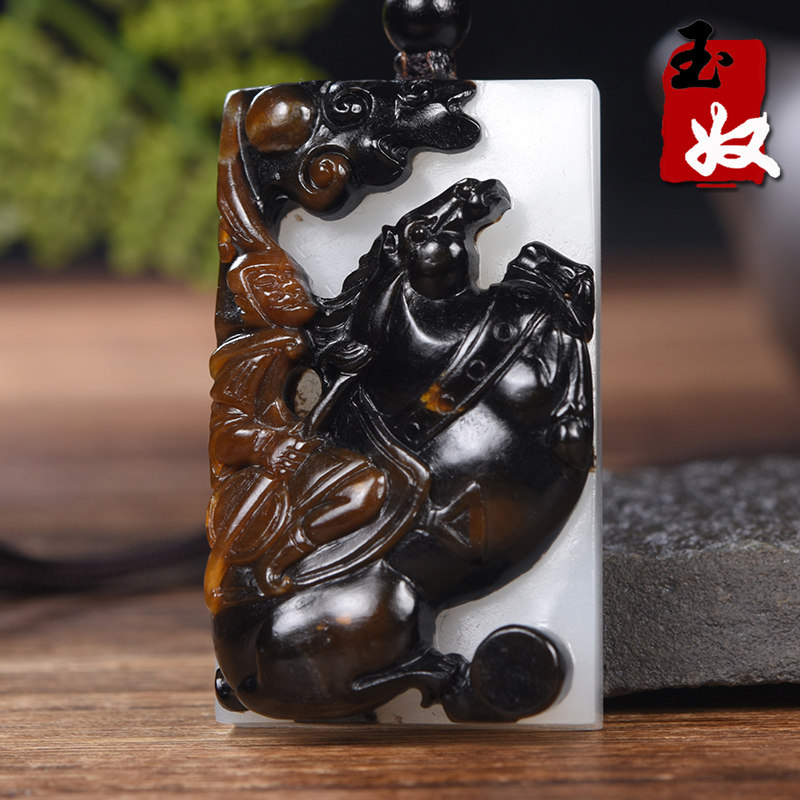 名家/新疆天然和田玉/黑皮籽料/羊脂白玉/马上封侯/挂件/42.65克
