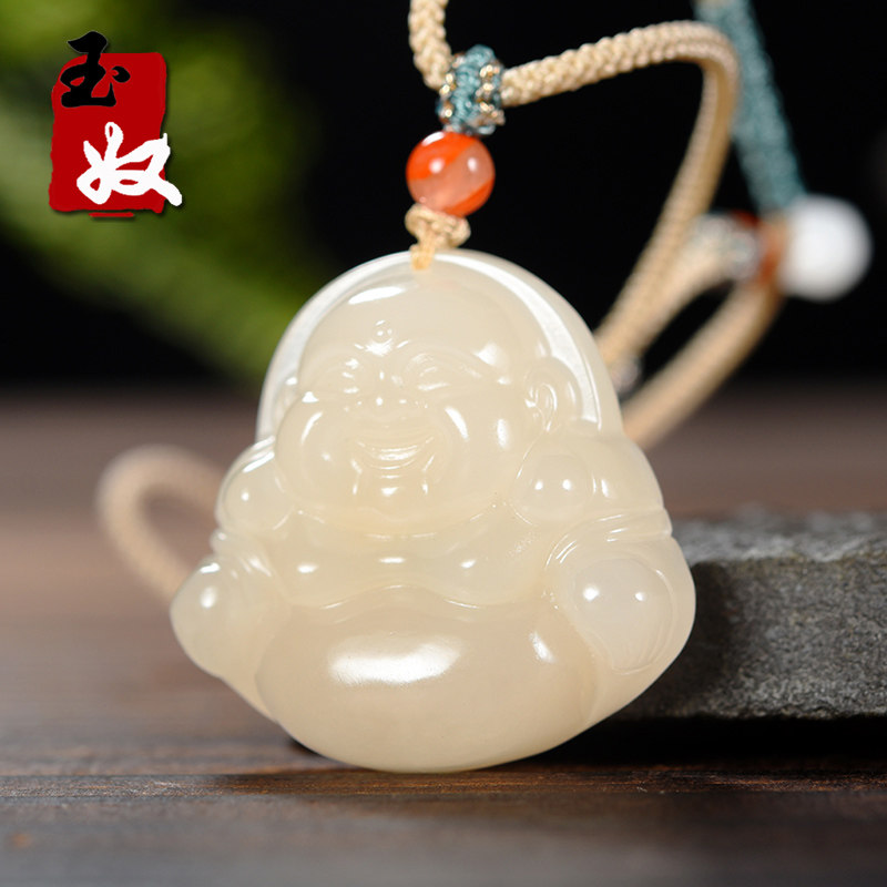 青海老坑料天然冰底起胶藕粉偏粉色和田玉/笑佛/吊坠/17克