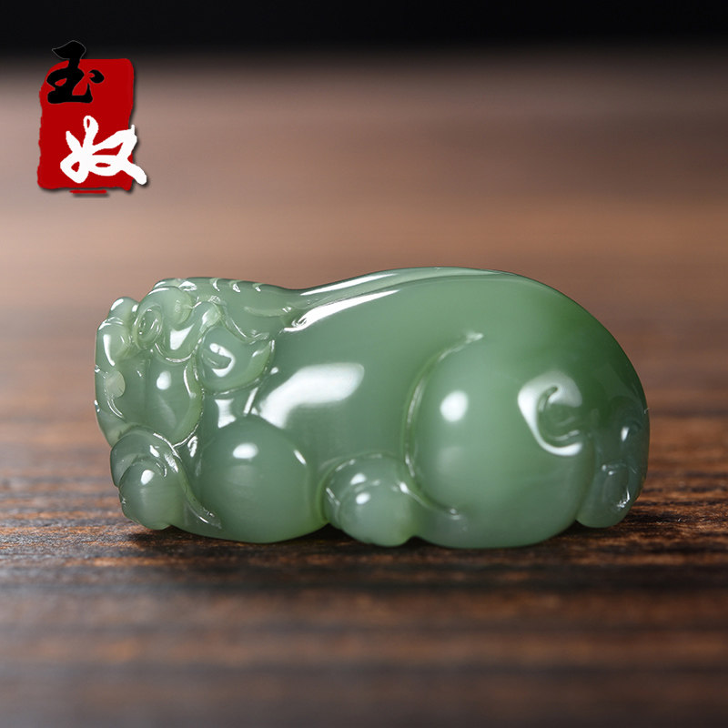 俄罗斯老坑料天然粉青俏阳绿色猫眼碧玉/貔貅/吊坠/手把件/小摆件