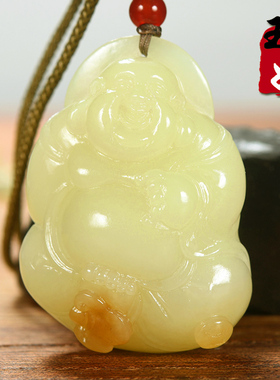 新疆若羌县天然和田玉/糖黄玉/立体笑佛/如意/吊坠/挂件/31.28克