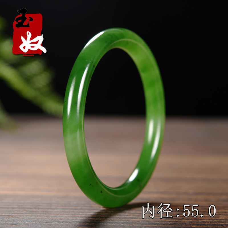 俄罗斯七号矿老坑料菠菜辣阳绿碧玉/带黑点/细圆条叮当手镯/55