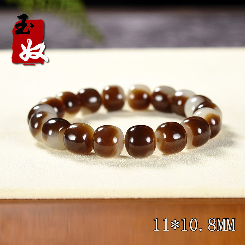 新疆且末金山矿天然巧克力糖白和田玉/11*10.8mm老型珠手串/39克