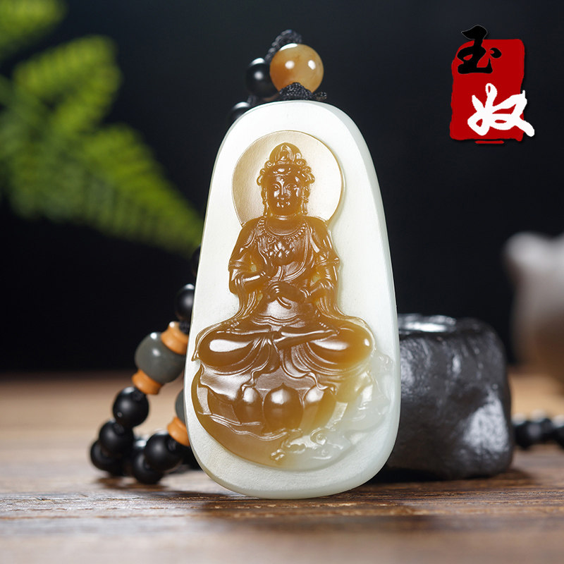 新疆且末糖羊脂玉坐莲观音吊坠
