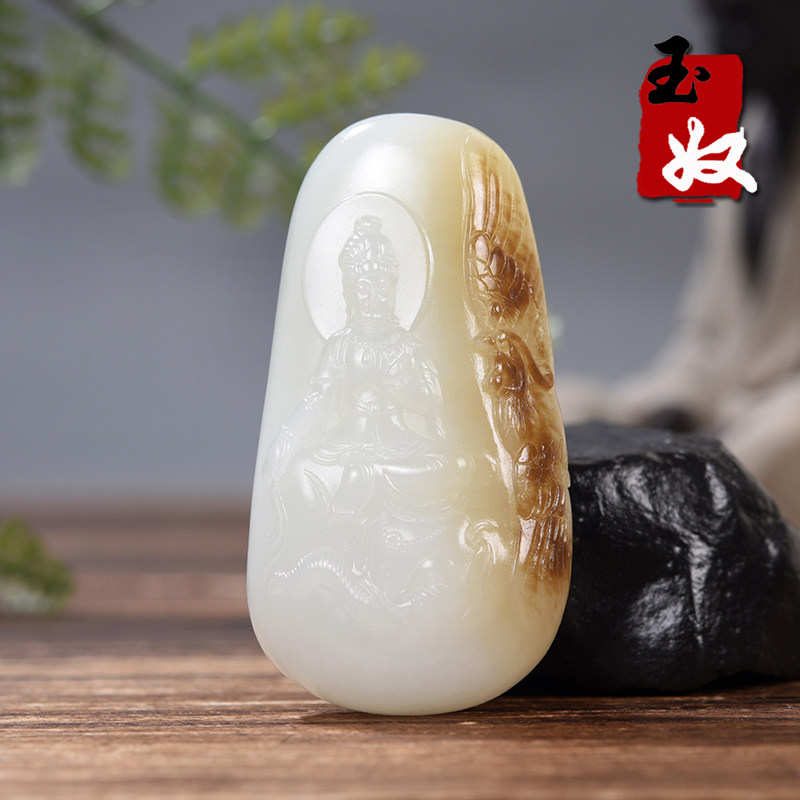 名家/新疆天然和田玉/糖羊脂白玉/普贤菩萨/有凤来仪/吊坠58.48克