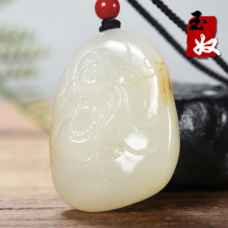 新疆天然和田玉/洒金皮/原皮真孔羊脂白玉籽料/笑佛/吊坠/32.84克