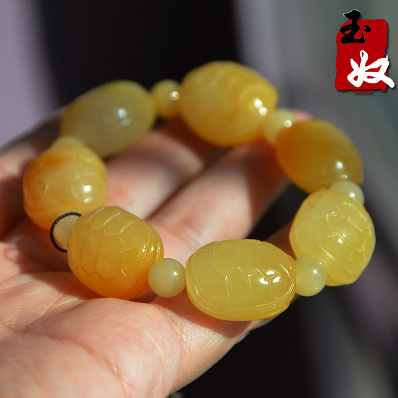 新疆克拉玛依天然金丝玉/鸡油黄色/宝石光细料/大龟背/手串/脚链