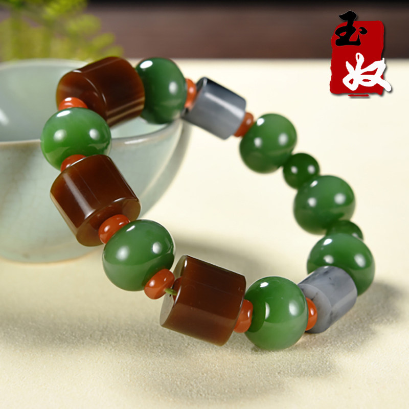 多宝和田玉手串/猫眼粉阳绿碧玉/金山红色糖玉/青花墨玉籽料/手串