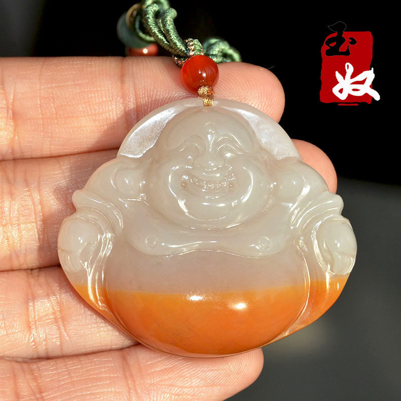 新疆鄯善县天然金丝玉/藕粉俏黄双色地表彩玉细料/笑佛/吊坠/40克图片