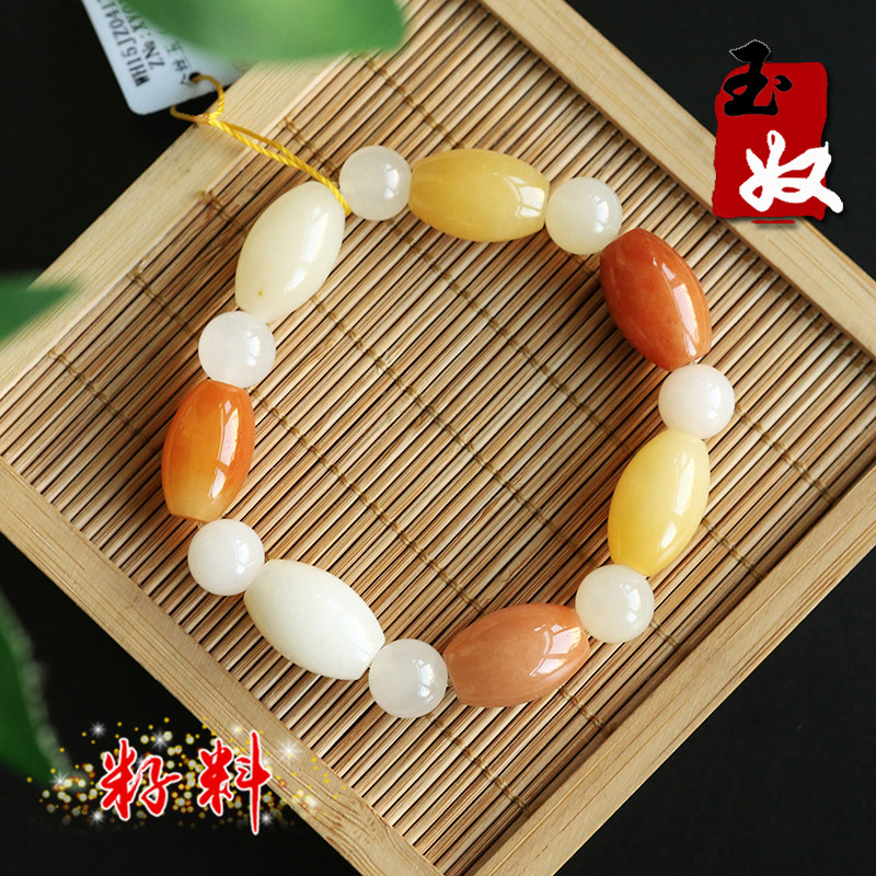 玉奴/新疆天然金丝玉/黄红白色/枣形珠/单圈手串/12mm